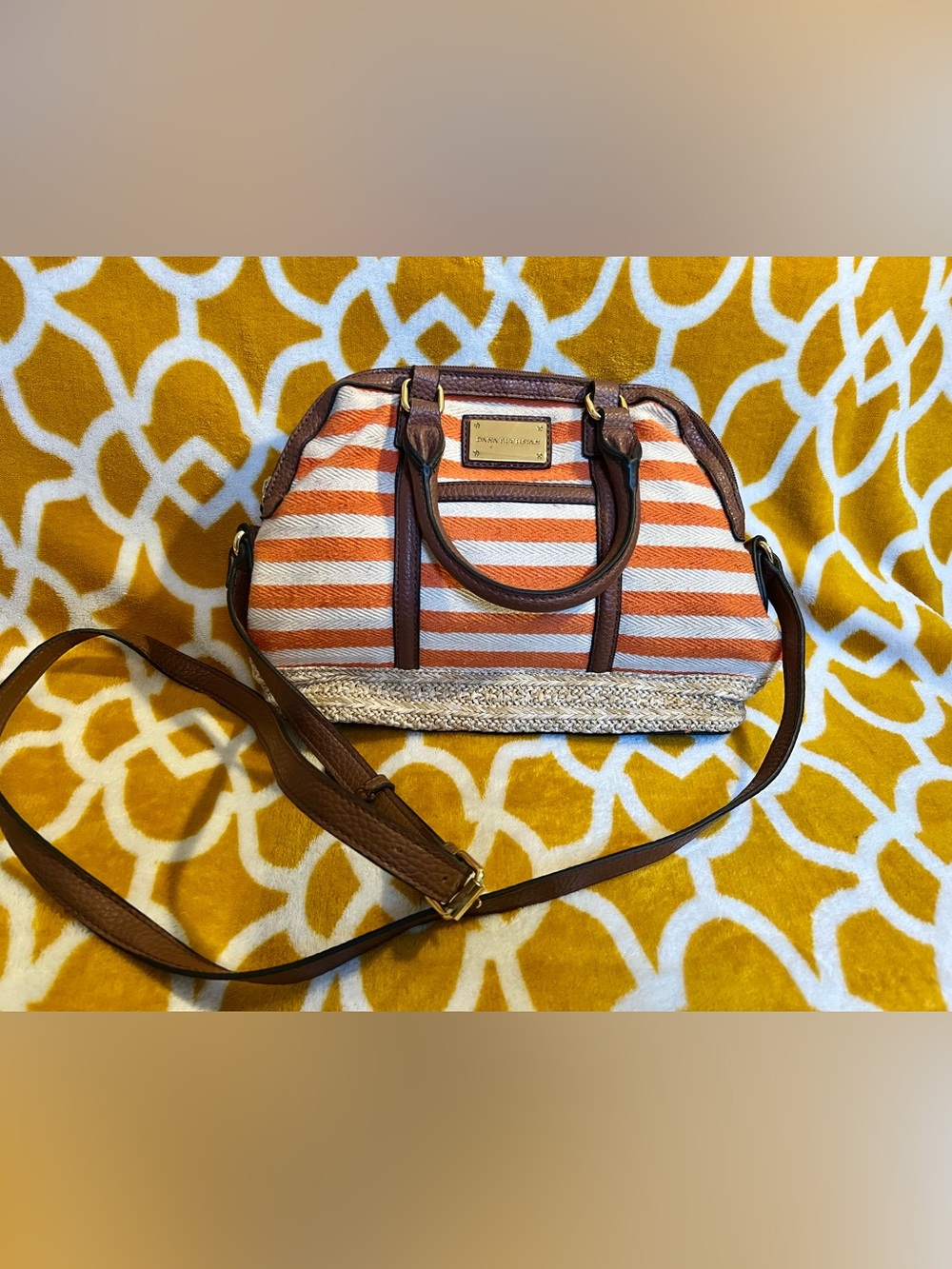 Dana Buchman Orange White Striped Satchel Zip, Detachable Strap, Pockets